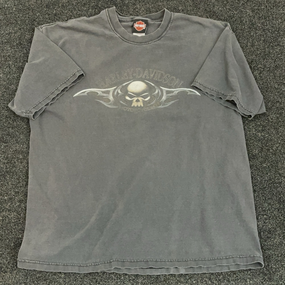 Vintage Harley-Davidson Shirt Mens XL Gray Skull Graphic Gail's Belton T Shirt